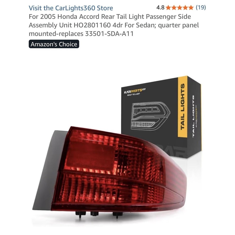 KarParts360 Passenger Right Tail Light HO2801160‎ Fits 2005 Honda Accord Sedan